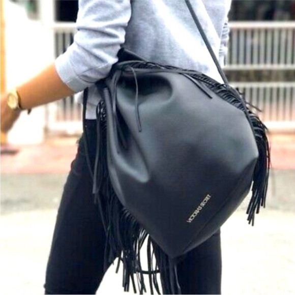 Victorias Secret Black Fringe Backpack Bucket Bag Bohemian Boho Purse - Picture 1 of 7